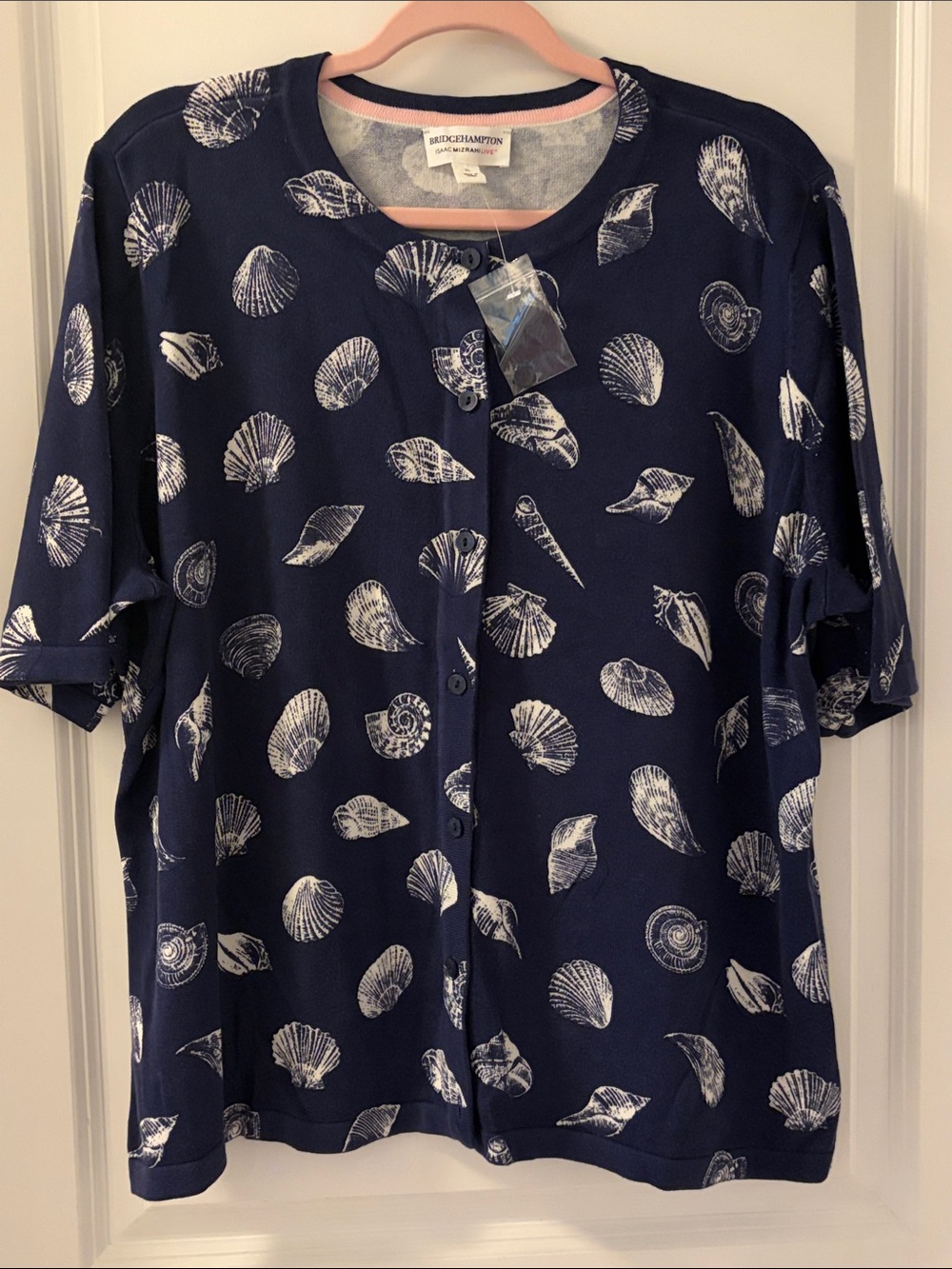 Isaac Mizrahi Navy Blue Shell-Print Button Front Top